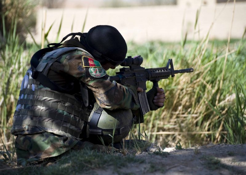 An Afghan Commando, with the Afghan National Army's 3rd Commando Kandak, scans the horizon while providing security during an operation to hinder insurgent activity in northern Panjwa'i District, Mar. 29, 2011, in Kandahar Province, Afghanistan. Assistance during the Commando-led operation was provided by U.S. servicemembers, with Special Operations Task Force - South, members of the Afghan National Civil Order Police and Panjwa'i Deputy Chief of Police, Mohibullah. (U.S. Army photo by Spc. Daniel P. Shook)(Released).